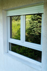 Fototapeta premium Framed Nature. Reflections of Trees in a White Window Glass Frame.