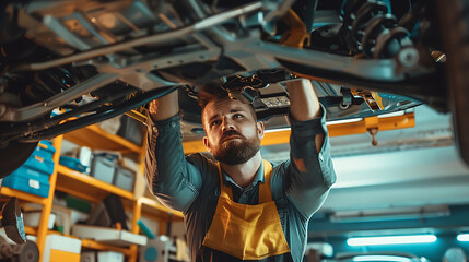 A skilled mechanic working on a car in a well-equipped garage. The mechanic is underneath the car, using a wrench to tighten a bolt on the engine