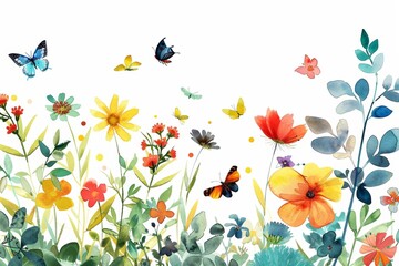 A whimsical watercolor illustration of colorful flowers and butterflies, with a white background.