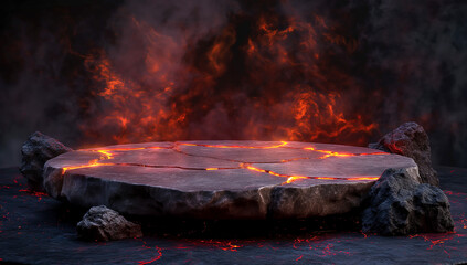  Platform and natural background, Stone podium on the with magma, smoke and lava erupt for product stand display, Blank showcase, advertising, mockup or etc