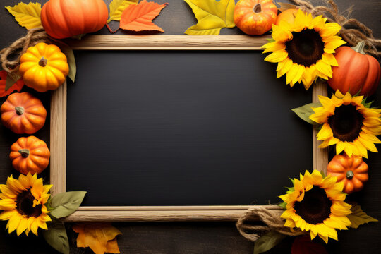Fall chalkboard frame with sunflowers and pumpkins, copy space - Powered by Adobe