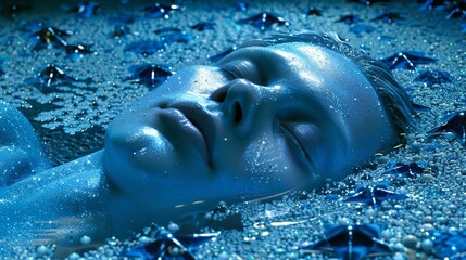 A serene person immersed in a blue, surreal environment with star patterns, creating a tranquil and dreamlike ambiance.