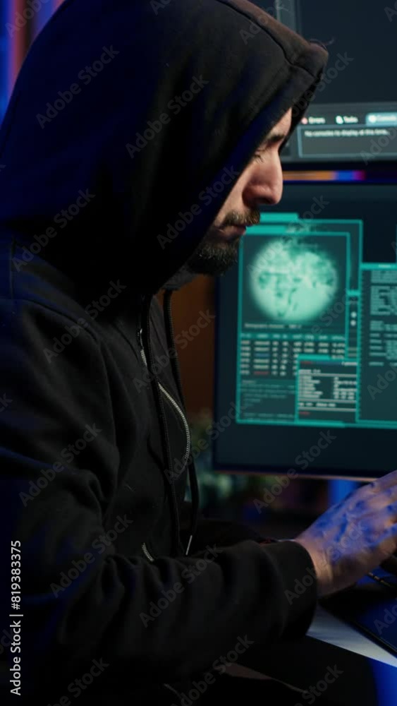 Poster vertical video hacker using pc to steal data, targeting unpatched security systems using malware. sc