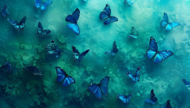 Mystical blue morpho butterflies in flight.