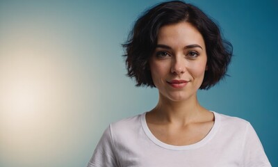 woman with wavy brown hair is smiling warmly while standing against a solid light blue background. She is wearing a simple white t-shirt