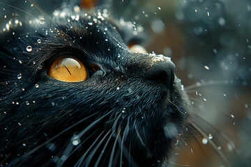 Close-up of a black cat with snowflakes on its fur.

Detailed close-up image of a black cat with striking golden eyes and snowflakes on its fur, perfect for pet themes, winter photography