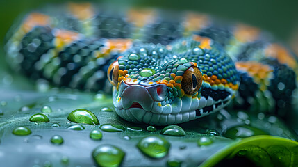 Fototapeta premium Close-up of a colorful snake with rain droplets on a leaf.Detailed close-up of a vibrant, multi-colored snake with rain droplets on its scales, resting on a leaf, perfect for wildlife themes, nature