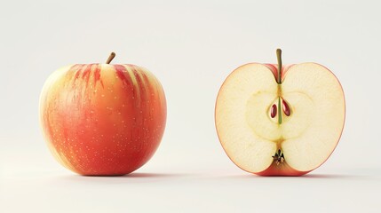 Whole apple and half apple front view on white background