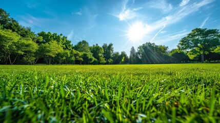 A beautiful grassy field under a clear blue sky, with sunlight casting a warm glow on the lush greenery.