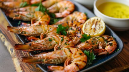 A beautifully arranged dish of grilled prawns, garnished with parsley and served with a zesty lemon dipping sauce.