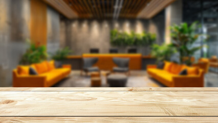 Empty table with a blurred background of a contemporary office lobby, providing an excellent setting for business product displays.