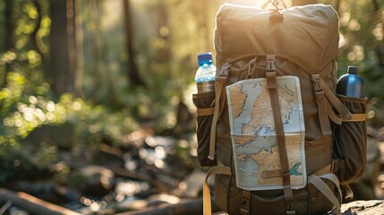 Close-up of a backpack with a water bottle and map sticking out of the side pockets, nature in the background