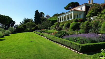 Fototapeta premium A beautifully landscaped lawn, showcasing rich green grass and meticulously arranged flower beds.