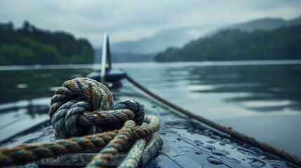 Obraz premium Close-up of a boat cleat with a tied rope, with the calm lake water in the background
