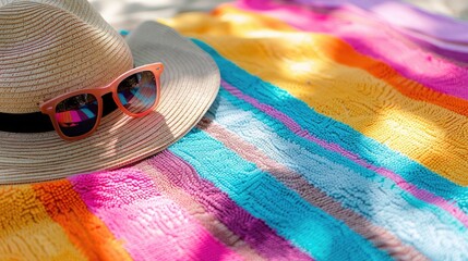 Close-up of a colorful beach towel with sunglasses and a hat placed on it, sand visible around - Powered by Adobe