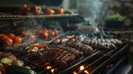 Close-up of a grill loaded with assorted meats and veggies, flames and smoke adding to the ambiance