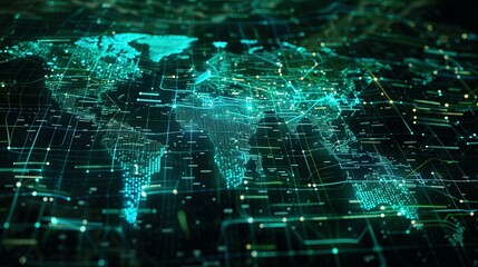 Obraz premium Abstract world map symbolizing global network and connectivity, international data transfer, cyber technology, worldwide business, information exchange, and telecommunication.