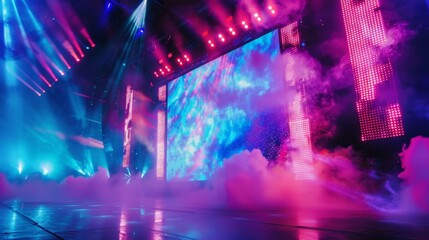 A dynamic concert stage background with vibrant lights, smoke effects, and a giant LED screen displaying colorful visuals.