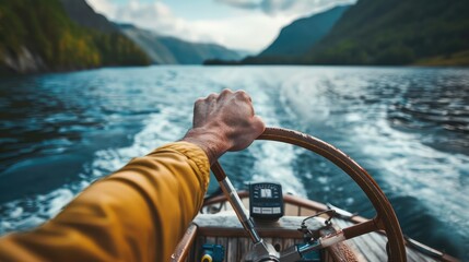 Close-up of a hand gripping the boat's steering wheel, with the serene lake and distant shore...