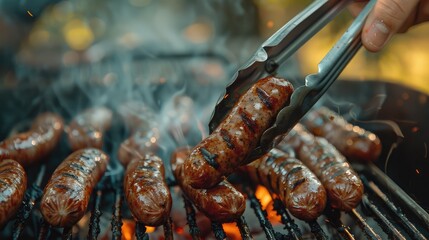 Close-up of a hand holding tongs, turning sausages on a barbecue grill