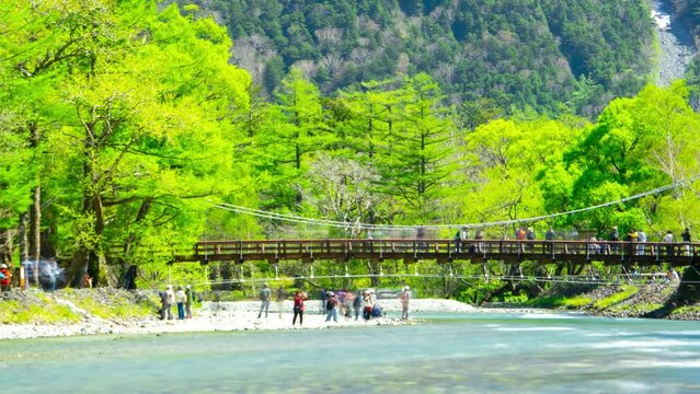 初夏の上高地　多くの外国人で賑わう河童橋　タイムラプス 2024