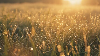 A field of grass covered in morning dew, with close-up focus on the droplets catching the first...