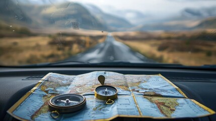 Close-up of a map and a compass on a car dashboard, with a blurred scenic road in the background