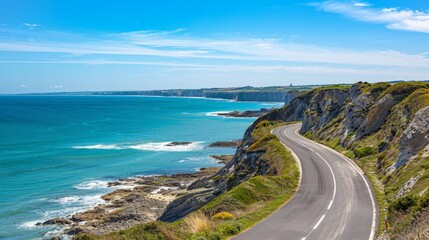 A picturesque road along the coastline, with rocky cliffs on one side and the open sea on the other, under a bright blue sky.