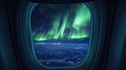 The window of an airplane a frame for the shimmering auroras in the night sky.
