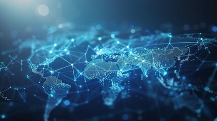 Abstract world map symbolizing global network and connectivity, international data transfer, cyber technology, worldwide business, information exchange, and telecommunication.