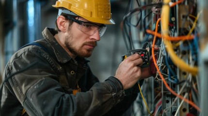 A professional electrician testing voltage with a multimeter, ensuring accuracy and safety in electrical repairs.