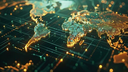 Abstract world map symbolizing global network and connectivity, international data transfer, cyber technology, worldwide business, information exchange, and telecommunication.