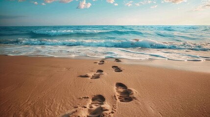 Footprints in the sand leading towards the water, with gentle waves in the background