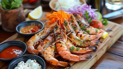 A seafood feast featuring grilled prawns, presented with a variety of dipping sauces and fresh vegetables.