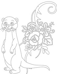 Otter and A Floral Vine Coloring Page. Printable Coloring Worksheet for Adults and Kids. Educational Resources for School and Preschool.