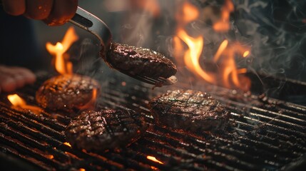 Hand flipping burgers on a hot grill with a spatula, with smoke and flames
