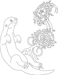 Otter and A Floral Vine Coloring Page. Printable Coloring Worksheet for Adults and Kids. Educational Resources for School and Preschool.