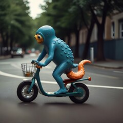 Classic cartoon of A fish riding a bicycle