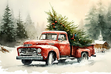 Watercolor illustration of a classic red truck carrying a festive tree in a winter wonderland, vintage truck with christmas tree in snowy landscape