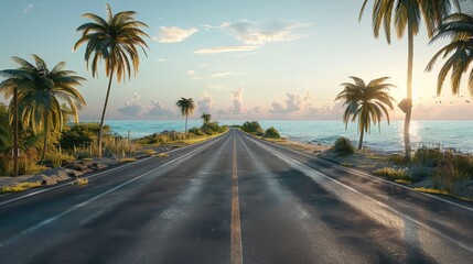 An empty coastal highway stretching into the distance, bordered by palm trees and overlooking a calm ocean.
