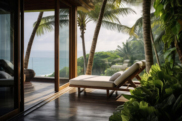 Fototapeta premium Serene view from a luxurious infinity pool overlooking the ocean with a tropical sunset