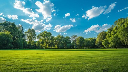 An open grassy field in a public park, with well-kept grass and a backdrop of mature trees and blue sky.