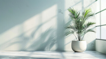 A white vase with a green plant in it sits in a room with a large window. The sunlight coming through the window casts a shadow on the floor. The room is empty - Powered by Adobe