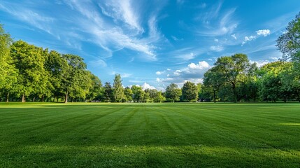 An open grassy field in a public park, with well-kept grass and a backdrop of mature trees and blue sky.