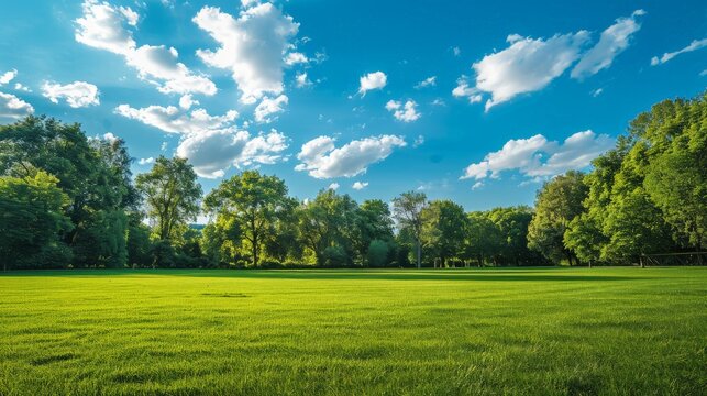An open grassy field in a public park, with well-kept grass and a backdrop of mature trees and blue sky.