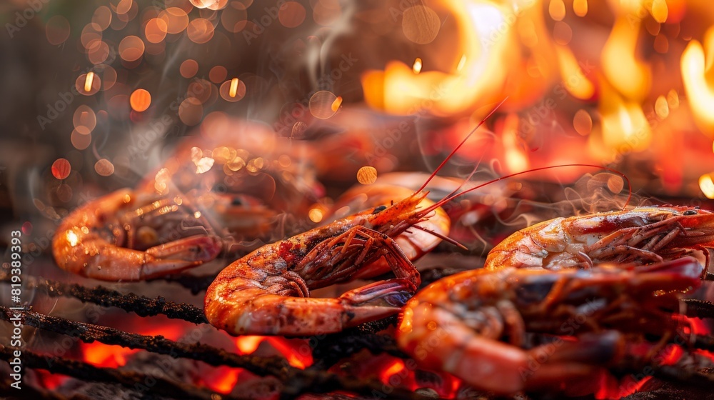 Wall mural Close-up of juicy prawns sizzling on a grill, with a smoky aroma and a backdrop of glowing coals. - Wall murals
