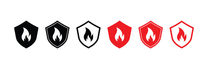 Set of Shield with fire icon. Protection from fire or fire protection or protect from heat icon. Vector Illustration.