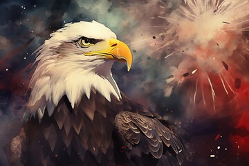 Bald eagle patriotic symbol on Independence Day with colorful fireworks display in the United States