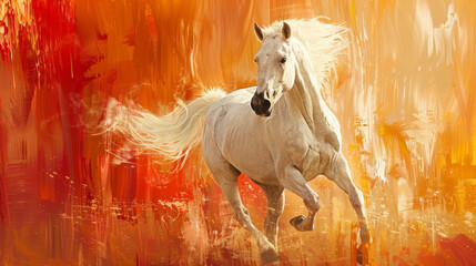 A white horse running in the style of a digital painting, with an orange and red background. The background is abstract with digital art details