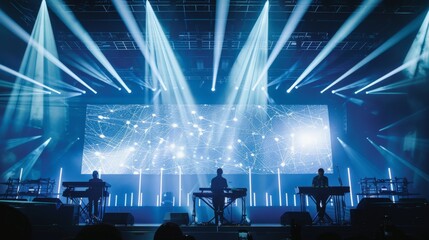 The backdrop of a concert stage with a massive LED wall showcasing dynamic graphics and synchronized light beams.